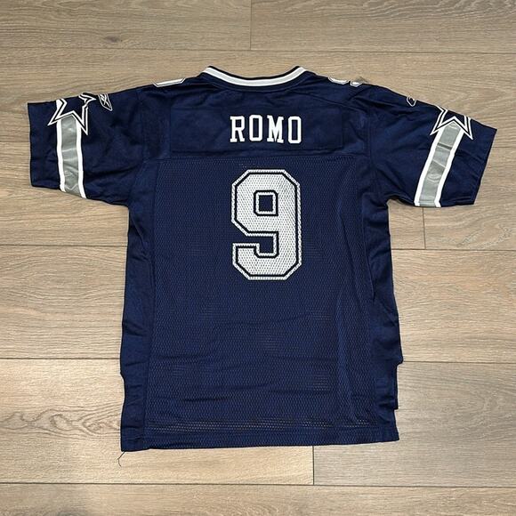 REEBOK NFL Blue Dallas Cowboys V Neck Jersey Romo #9 Shirt Kids Sz Large - Picture 2 of 13